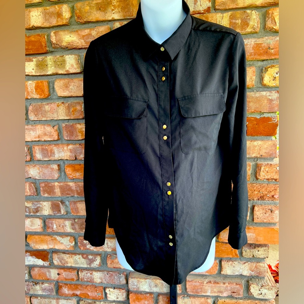 Premise Studio jet black w/ gold tone buttons on cuffs and arms w/ strap to roll
